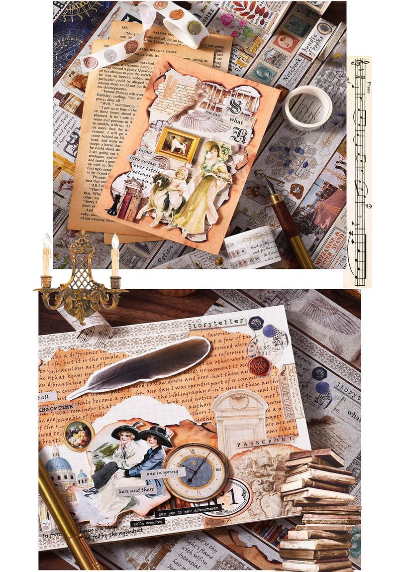 emmoolife 18 Rolls Vintage Washi Tape Set, Castle Stamp Music Retro Masking Tape 5/10/15/20/25/30/50/75mm Wide 6.56ft Long Decorative Scrapbook Tape for journaling, Scrapbooking Supplies, Junk Journal Craft - Image 5